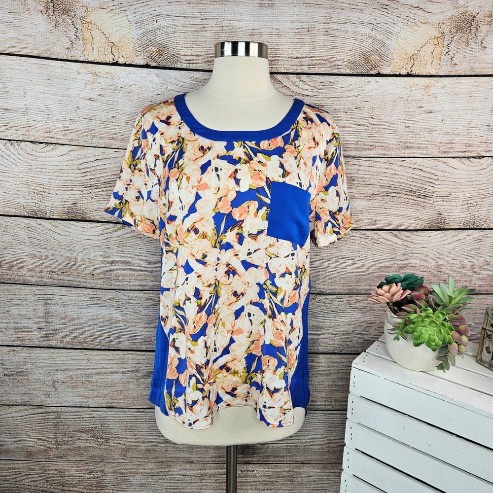 5/$25 J. Crew Floral Print Pocket Tee Cobalt Blue Short Sleeve Top -‎ M